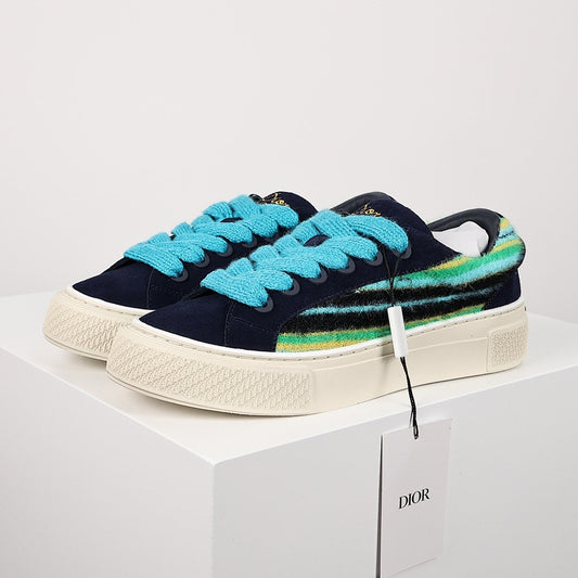 Dior B33 Low-Top Sneakers – Navy Suede & Multicolor Stripe Knit with Turquoise Laces