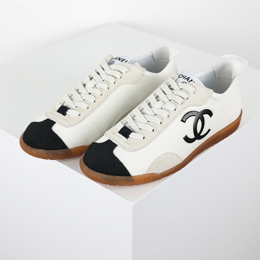 Chanel CC Logo Retro Sport Sneakers – White Leather & Black Suede Toe Cap with Gum Sole