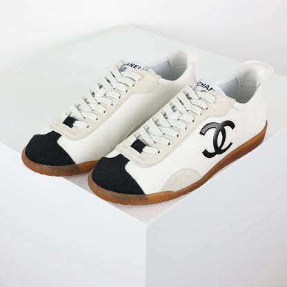 Chanel CC Logo Retro Sport Sneakers – White Leather & Black Suede Toe Cap with Gum Sole