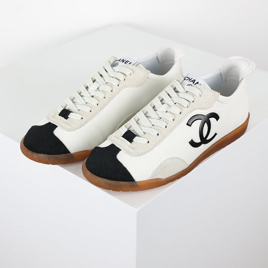Chanel CC Logo Retro Sport Sneakers – White Leather & Black Suede Toe Cap with Gum Sole