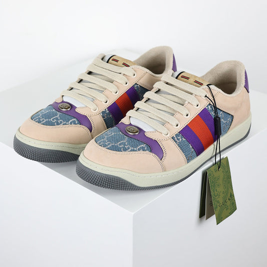 Gucci Screener Low-Top Sneakers – GG Denim Canvas with Purple Leather Trim & Web Stripe