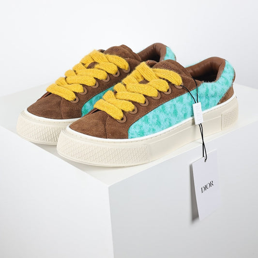 Dior B33 Low-Top Sneakers – Brown Suede & Turquoise Oblique with Yellow Laces