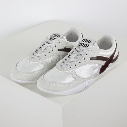 Miu Miu Suede & Satin Trainer Sneakers in White & Brown