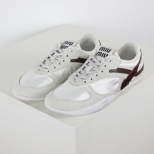 Miu Miu Suede & Satin Trainer Sneakers in White & Brown