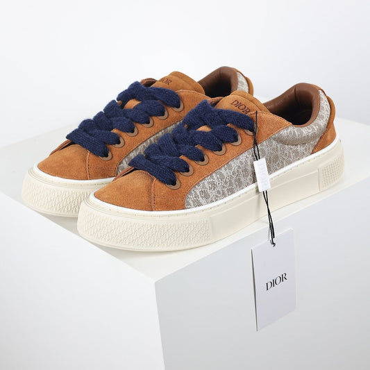 Dior B33 Low-Top Sneakers – Caramel Suede & Oblique Canvas with Navy Laces
