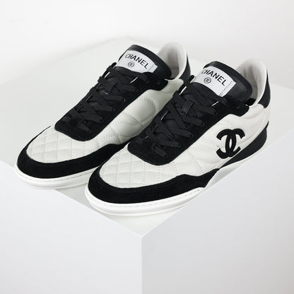 Chanel CC Logo Runner Sneakers – White Quilted Leather & Black Suede