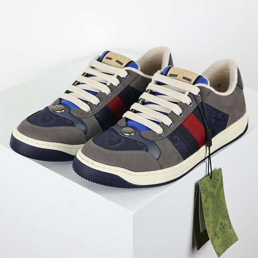 Gucci Screener Low-Top Sneakers – Grey Suede & Navy GG Canvas with Web Stripe