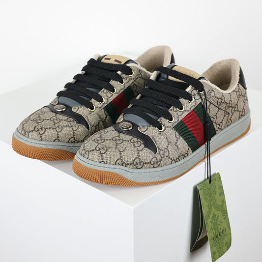 Gucci Screener Low-Top Sneakers – Full GG Supreme Canvas with Black Trim & Web Stripe
