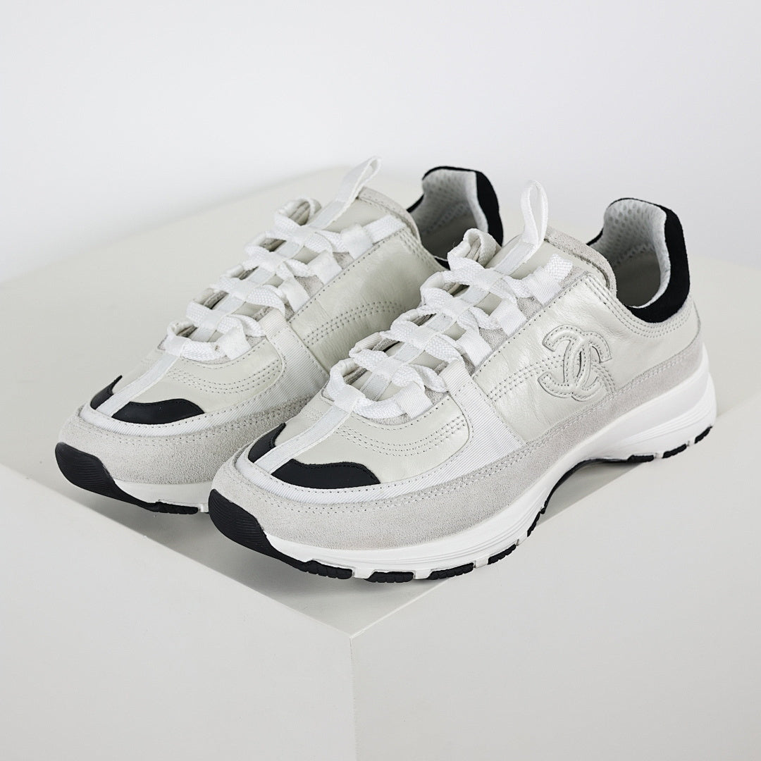 Chanel CC Logo Chunky Dad Sneakers – White Mesh & Suede with Black Rubber Accents