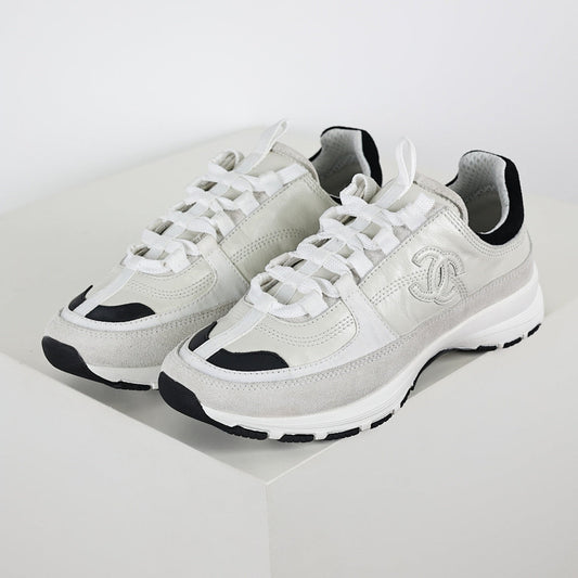 Chanel CC Logo Chunky Dad Sneakers – White Mesh & Suede with Black Rubber Accents