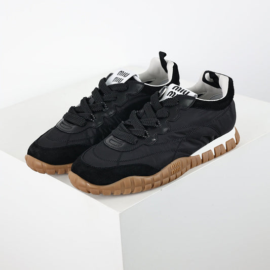 Miu Miu SS25 Quilted Nylon & Suede Sneakers in Black