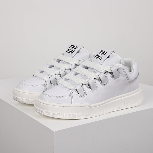 Miu Miu Oversized Lace Leather Low-Top Sneakers in White