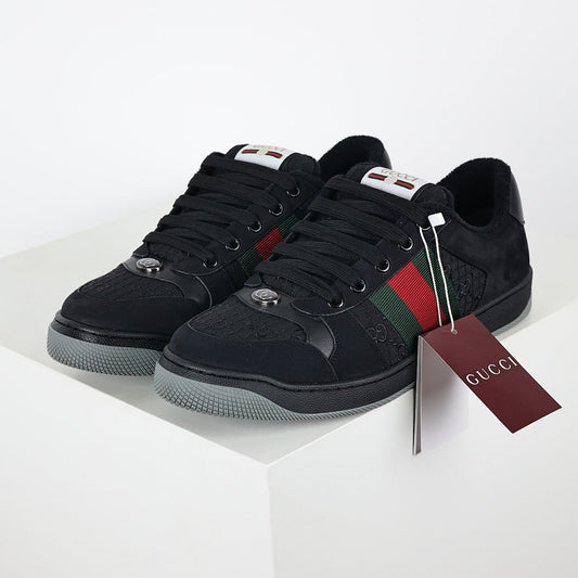 Gucci Screener Low-Top Sneakers – Triple Black GG Canvas & Suede with Web Stripe
