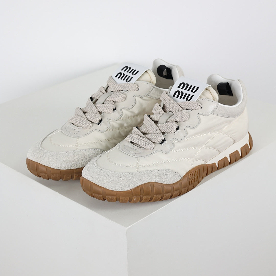 Miu Miu SS25 Quilted Nylon & Suede Sneakers in Cream
