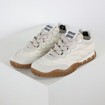 Miu Miu SS25 Quilted Nylon & Suede Sneakers in Cream