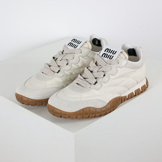 Miu Miu SS25 Quilted Nylon & Suede Sneakers in Cream