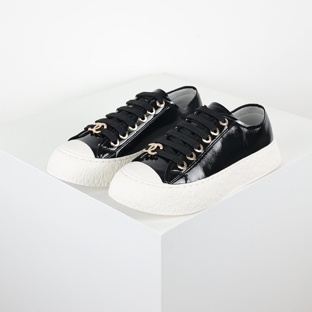 Chanel Low-Top Platform Sneakers – Black Patent Leather with Gold CC Lace Charm