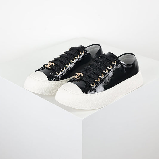 Chanel Low-Top Platform Sneakers – Black Patent Leather with Gold CC Lace Charm
