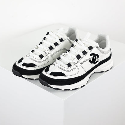 Chanel CC Logo Runner Sneakers – White Leather & Black Suede