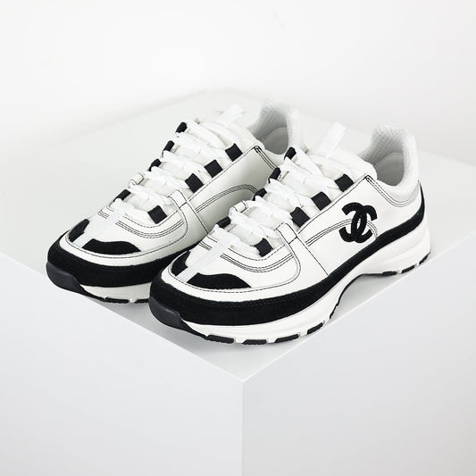 Chanel CC Logo Runner Sneakers – White Leather & Black Suede