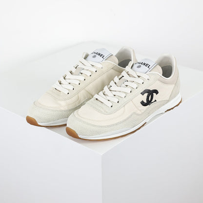 Chanel CC Logo Runner Sneakers – Cream Nylon & Suede with Caramel Sole