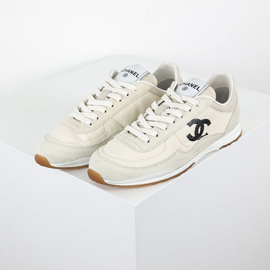 Chanel CC Logo Runner Sneakers – Cream Nylon & Suede with Caramel Sole