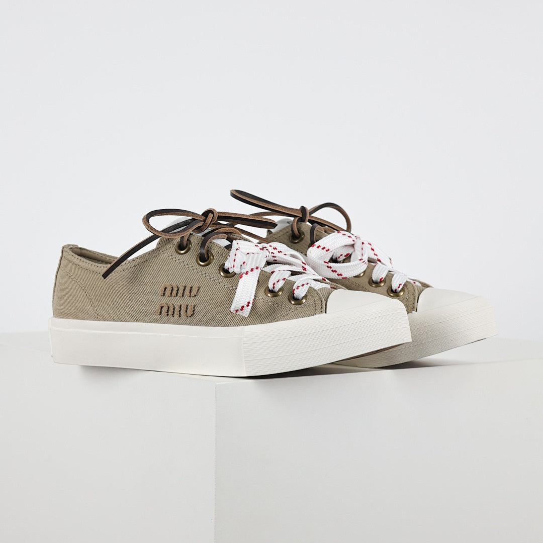 Miu Miu Canvas Low-Top Sneakers in Khaki