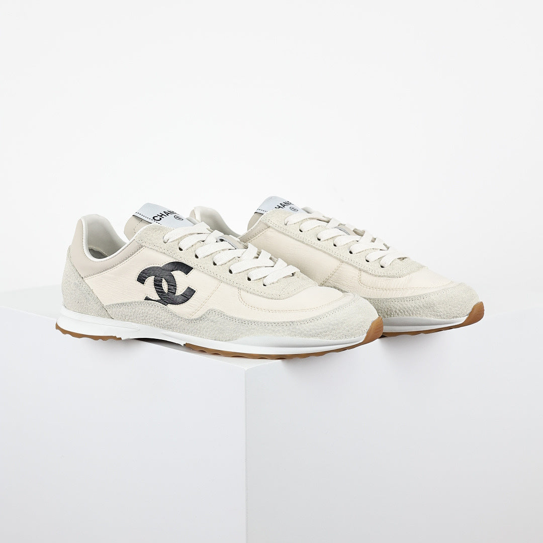 Chanel CC Logo Runner Sneakers – Cream Nylon & Suede with Caramel Sole