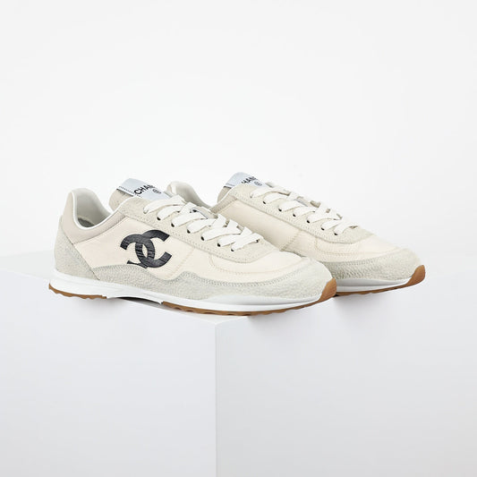 Chanel CC Logo Runner Sneakers – Cream Nylon & Suede with Caramel Sole