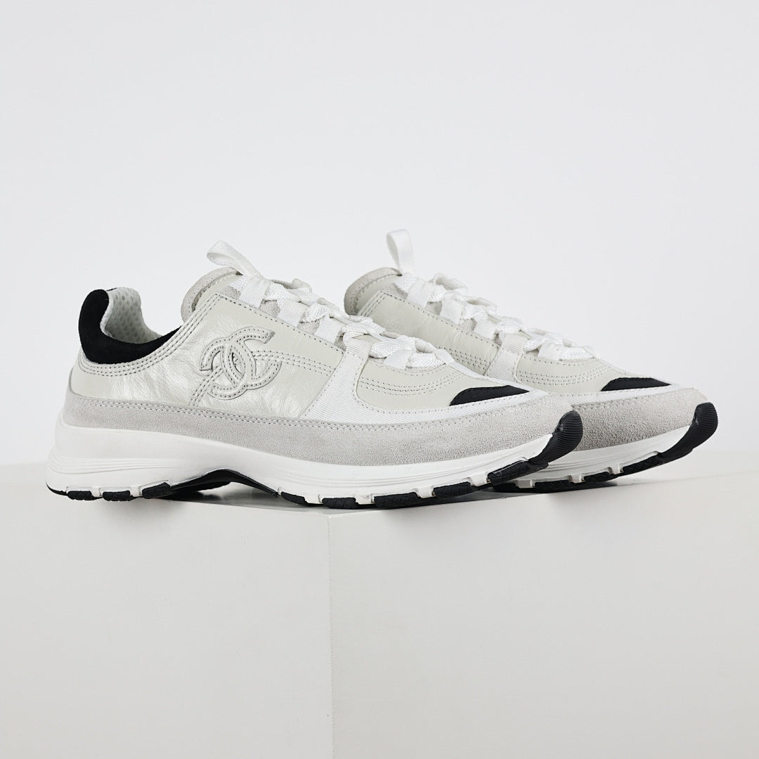 Chanel CC Logo Chunky Dad Sneakers – White Mesh & Suede with Black Rubber Accents