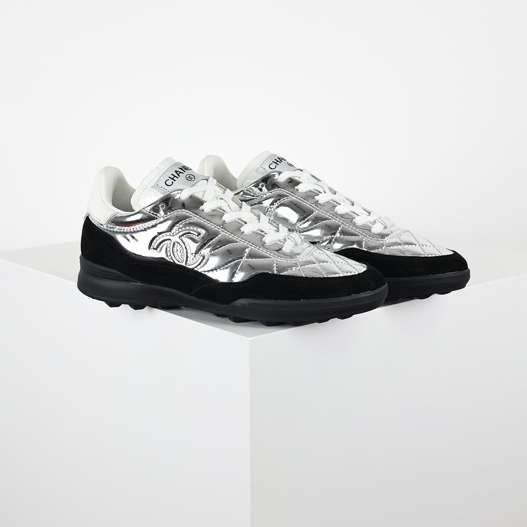 Chanel CC Logo Runner Sneakers – Silver Quilted Metallic Leather & Black Suede