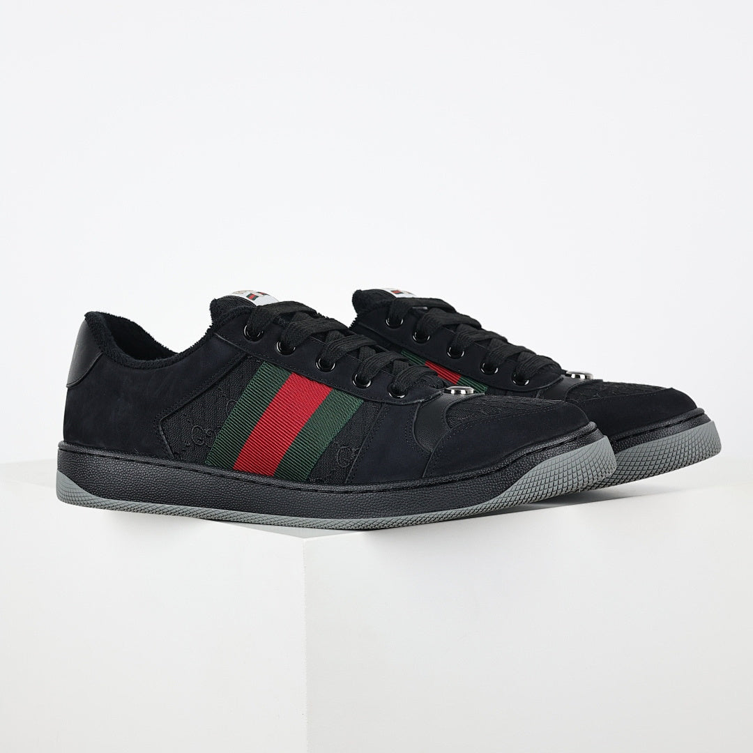 Gucci Screener Low-Top Sneakers – Triple Black GG Canvas & Suede with Web Stripe