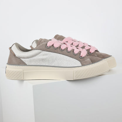Dior B33 Low-Top Sneakers – Grey Suede & Silver with Pink Laces