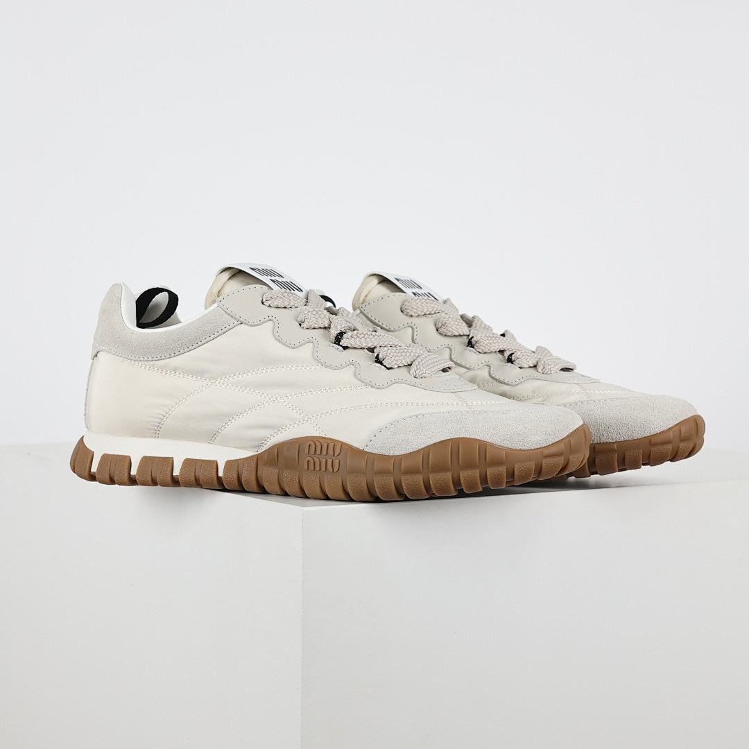 Miu Miu SS25 Quilted Nylon & Suede Sneakers in Cream