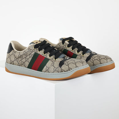 Gucci Screener Low-Top Sneakers – Full GG Supreme Canvas with Black Trim & Web Stripe