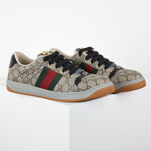 Gucci Screener Low-Top Sneakers – Full GG Supreme Canvas with Black Trim & Web Stripe