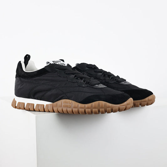 Miu Miu SS25 Quilted Nylon & Suede Sneakers in Black