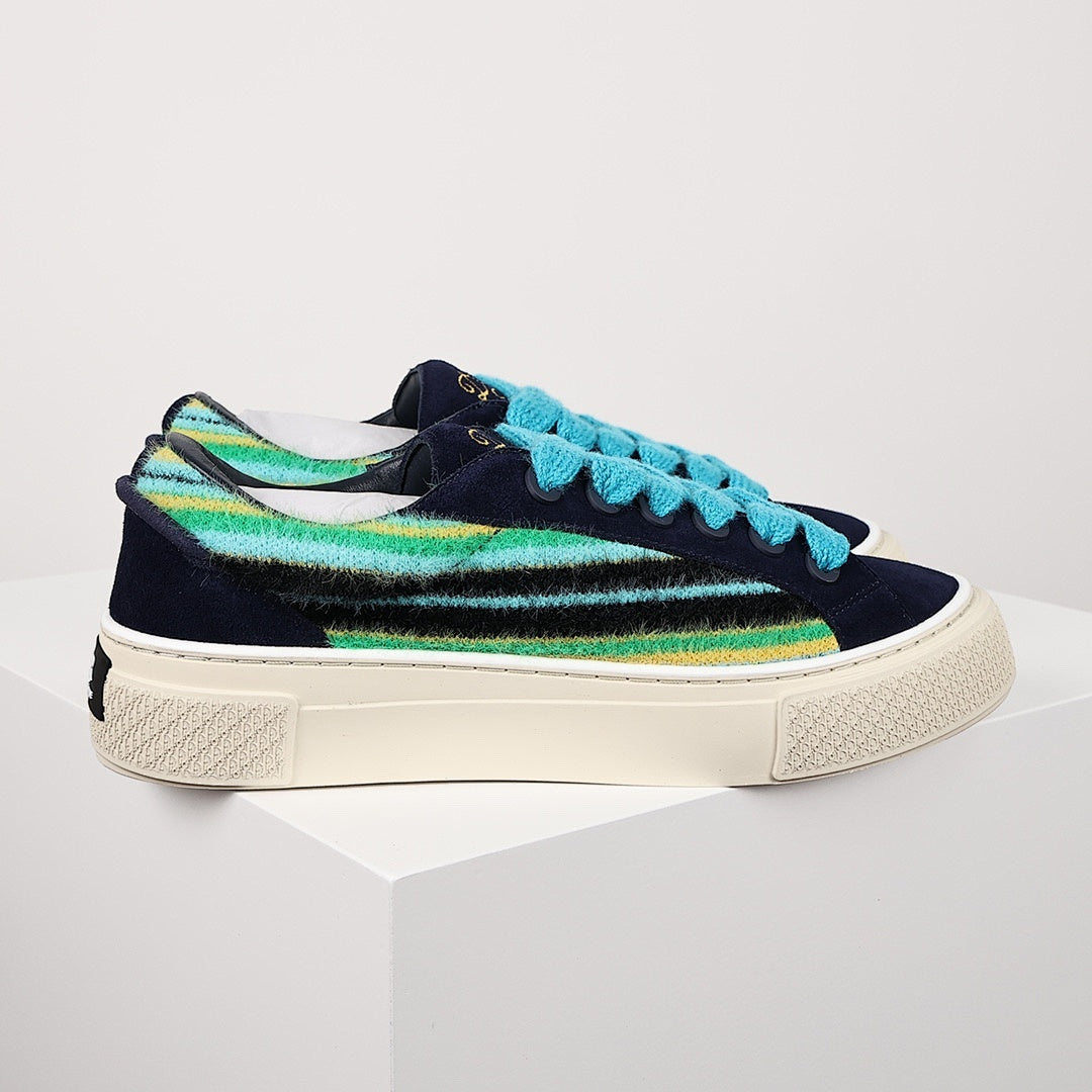 Dior B33 Low-Top Sneakers – Navy Suede & Multicolor Stripe Knit with Turquoise Laces