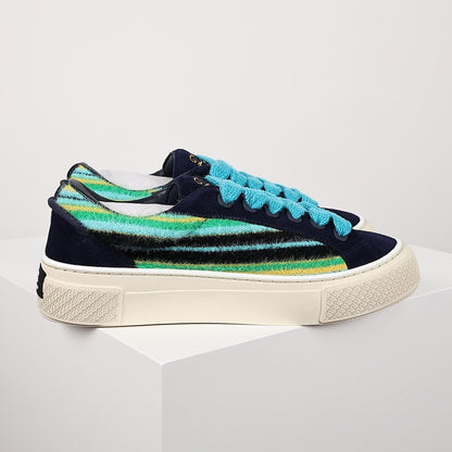 Dior B33 Low-Top Sneakers – Navy Suede & Multicolor Stripe Knit with Turquoise Laces