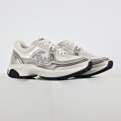 Chanel CC Logo Chunky Dad Sneakers – Cream Mesh & Soft Silver Metallic Leather
