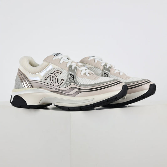 Chanel CC Logo Chunky Dad Sneakers – Cream Mesh & Soft Silver Metallic Leather