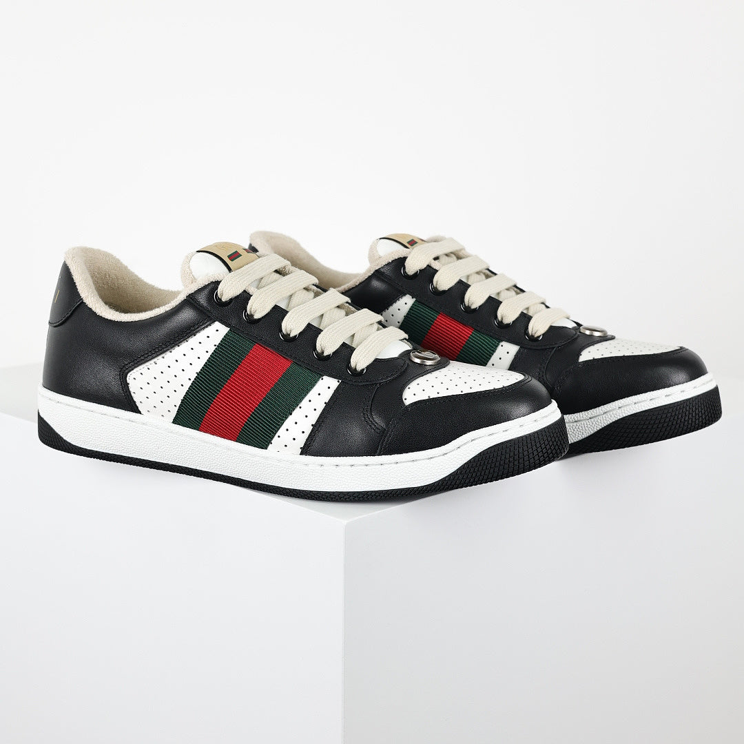 Gucci Screener Low-Top Sneakers – Black & White Leather with Web Stripe