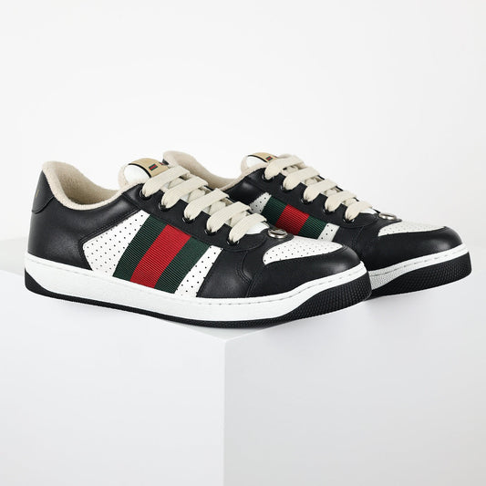 Gucci Screener Low-Top Sneakers – Black & White Leather with Web Stripe