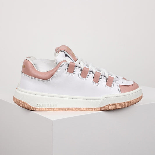 Miu Miu Oversized Lace Leather Low-Top Sneakers in White & Pink