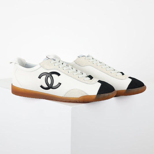 Chanel CC Logo Retro Sport Sneakers – White Leather & Black Suede Toe Cap with Gum Sole