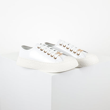 Chanel Low-Top Platform Sneakers – White Leather with Gold CC Lace Charm