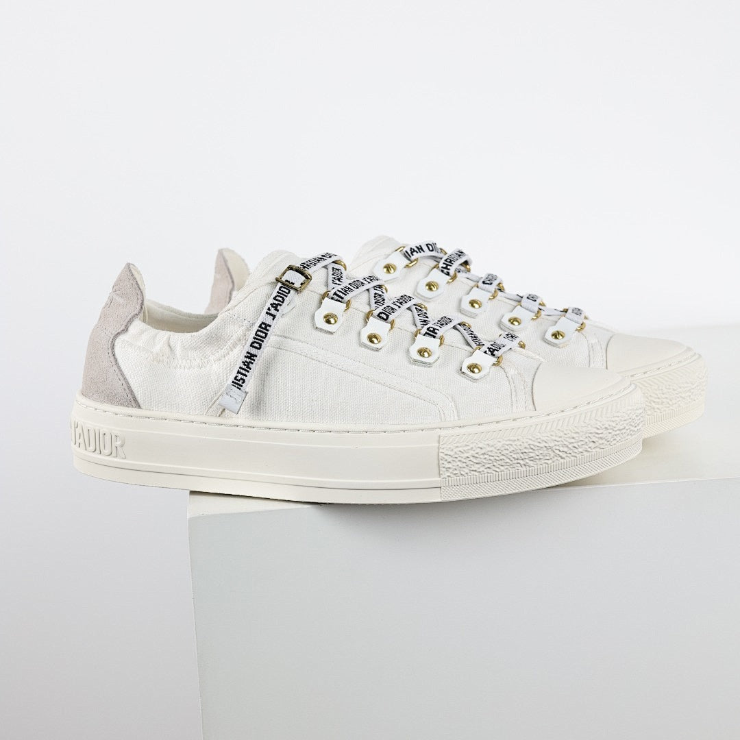Dior Walk'n'Dior Low-Top Sneakers – White Canvas & J'adior Ribbon Laces with Gold Studs