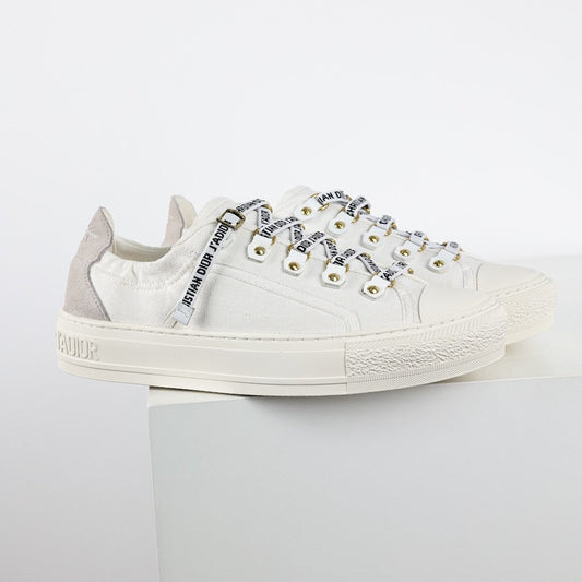 Dior Walk'n'Dior Low-Top Sneakers – White Canvas & J'adior Ribbon Laces with Gold Studs