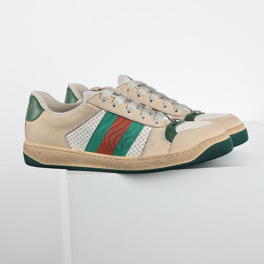 Gucci Screener Low-Top Sneakers – Distressed Leather with Green Trim & Web Stripe