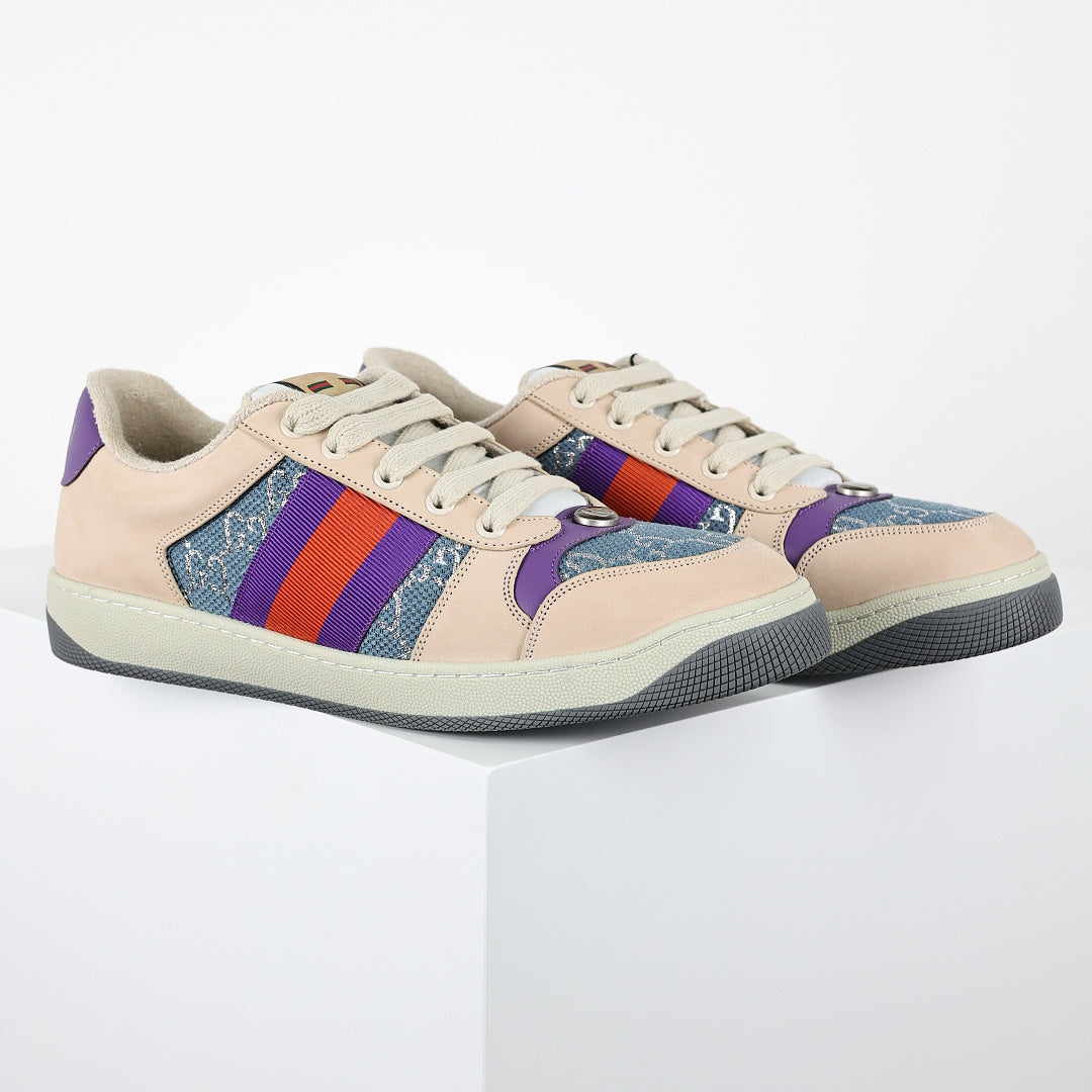 Gucci Screener Low-Top Sneakers – GG Denim Canvas with Purple Leather Trim & Web Stripe